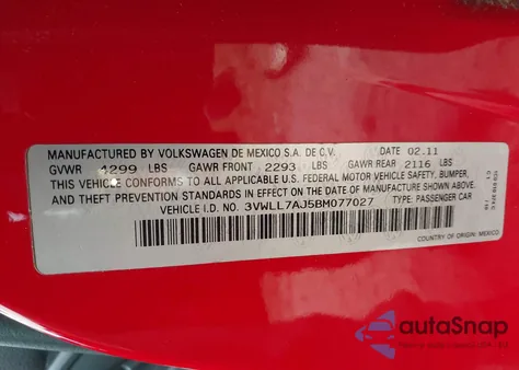 2011 Volkswagen Jetta 2.0L Tdi Le from USA, damaged, VIN 3VWLL7AJ5BM077027